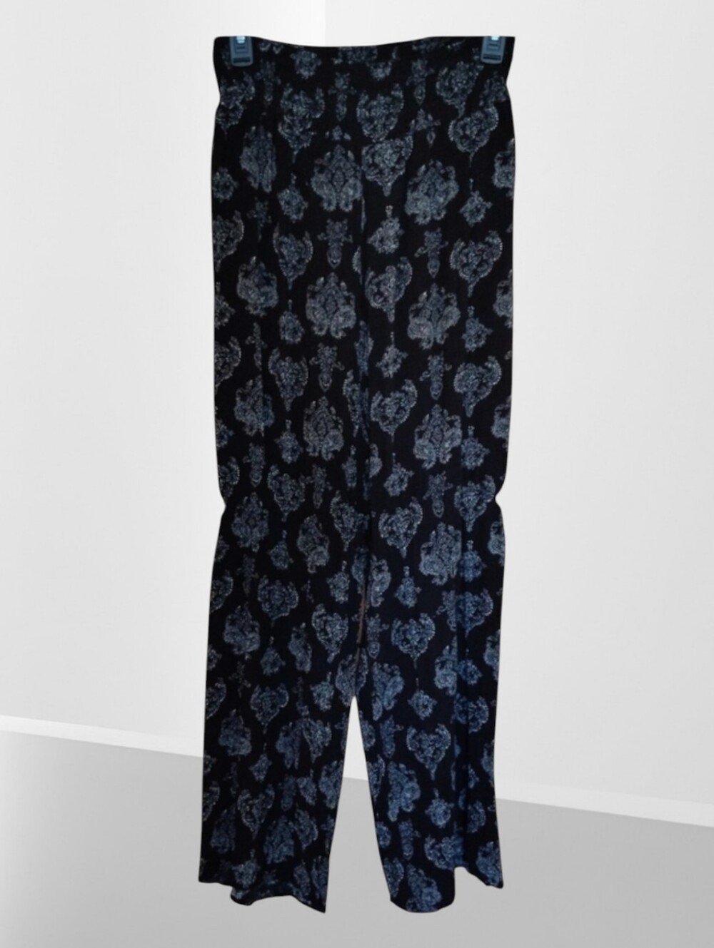 Black Printed Wide-Leg Pants with Paisley Motif